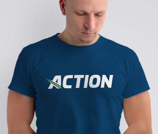 action logo blue shirt