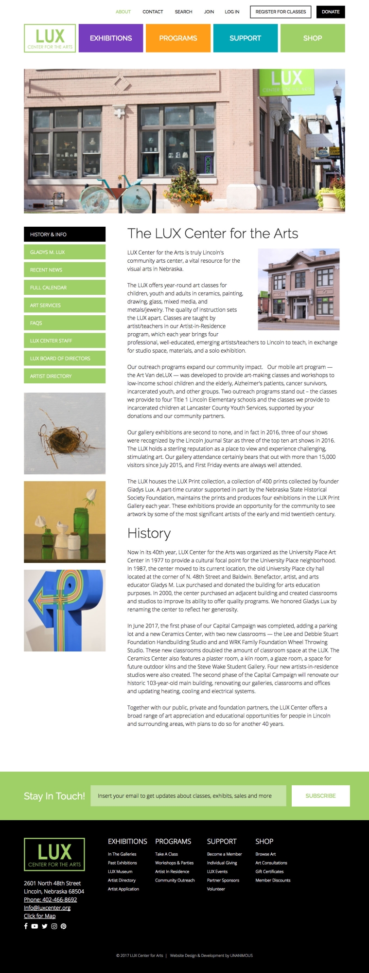 community art center website design history page