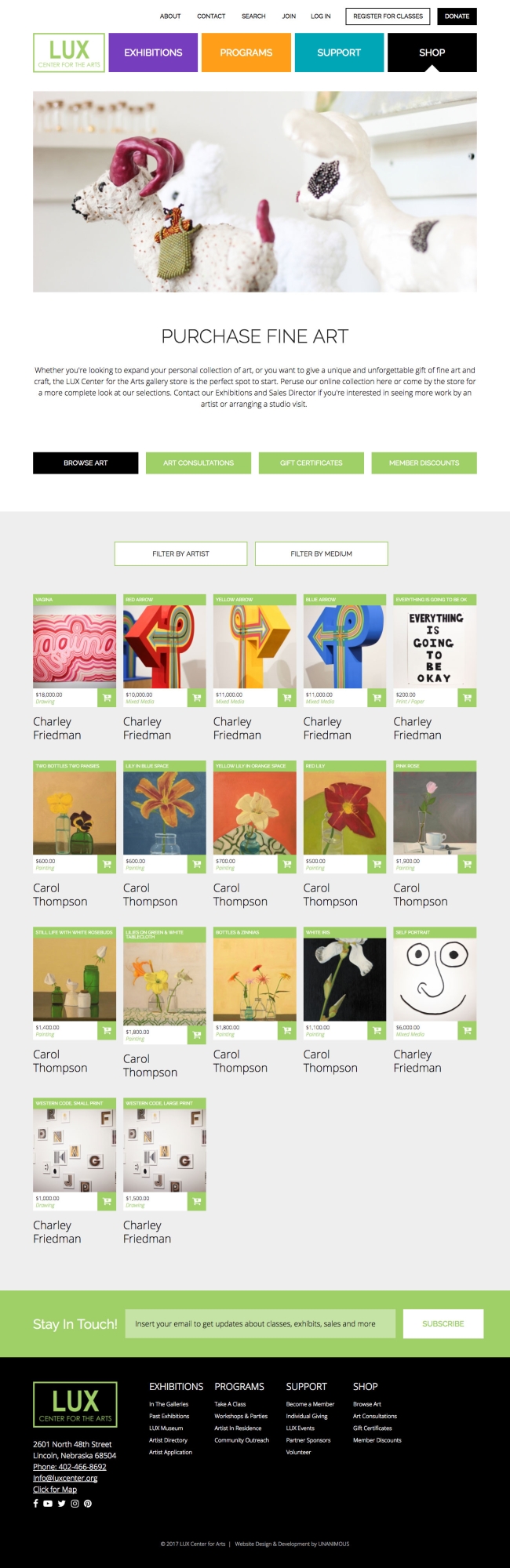 community art center website design shop page