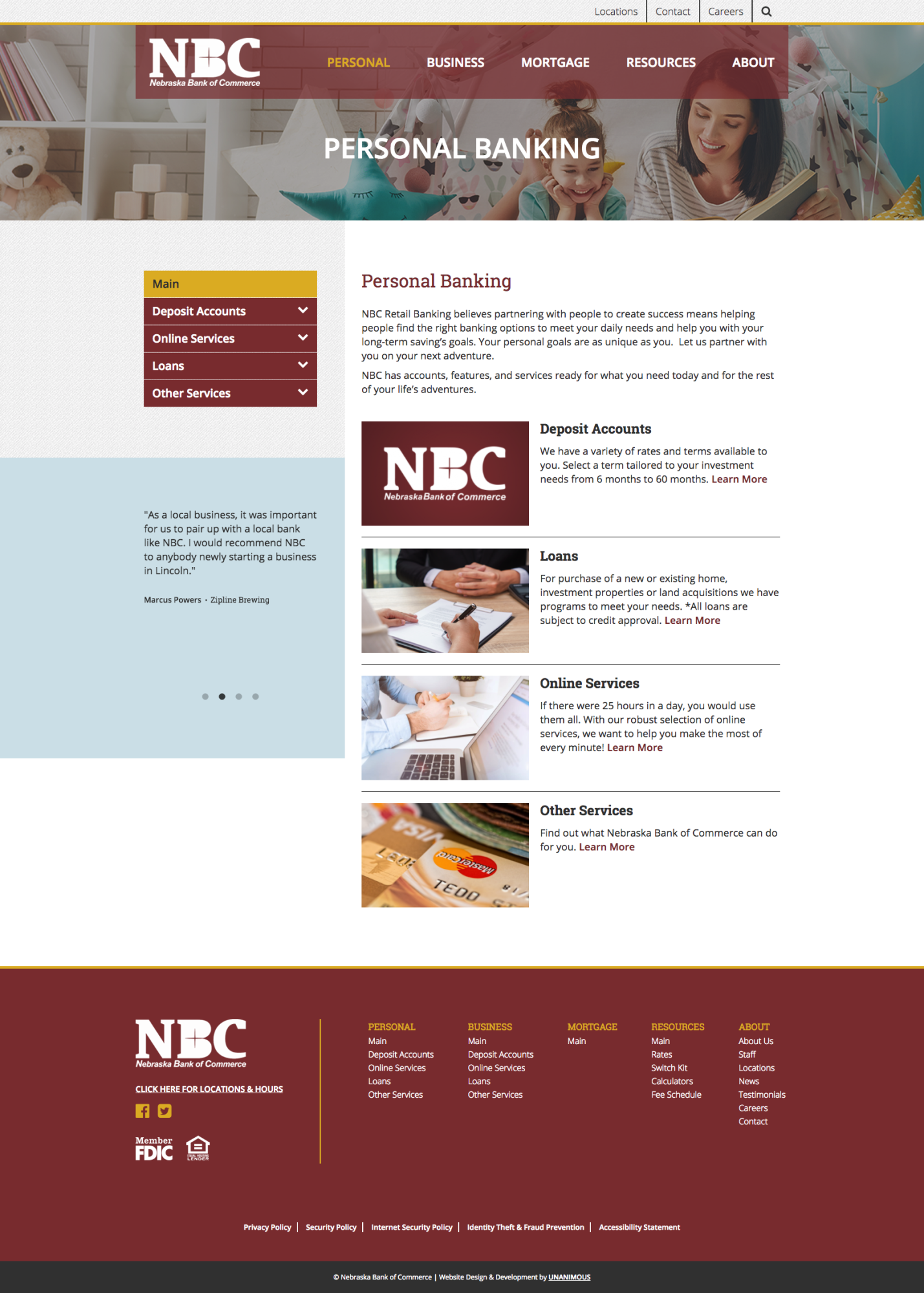bank website design personal banking page