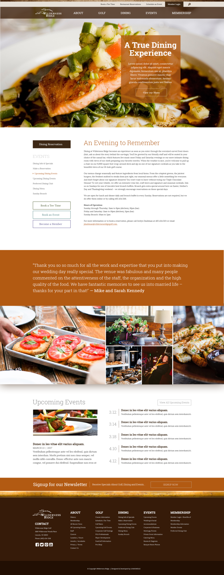 country club website design restaurant page