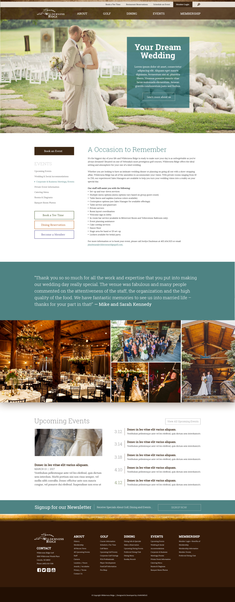 country club website design wedding page