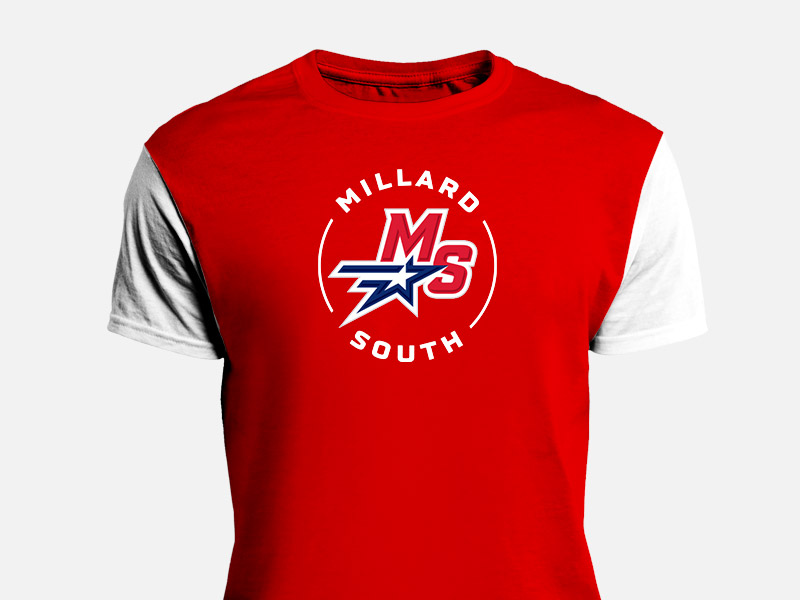 millard south high school logo on red sports shirt