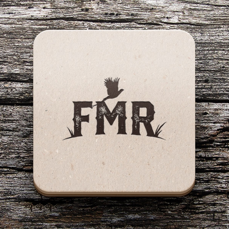 FMR hunting brand logo on drink coaster