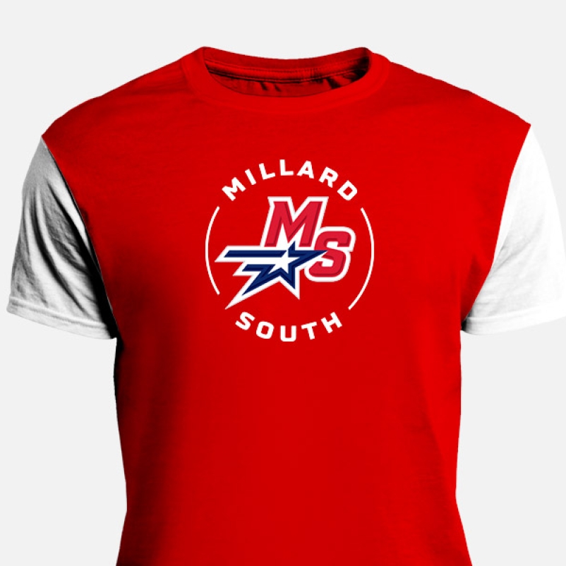 millard south high school logo on red sports shirt