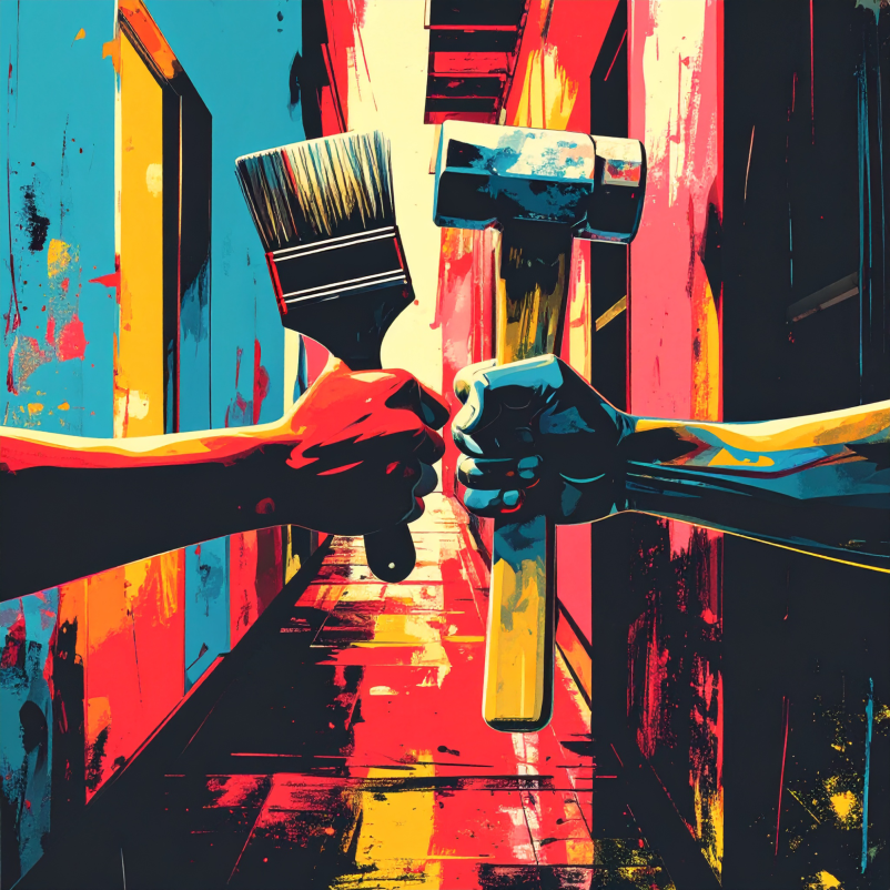 two hands holding a paint brush and mallet