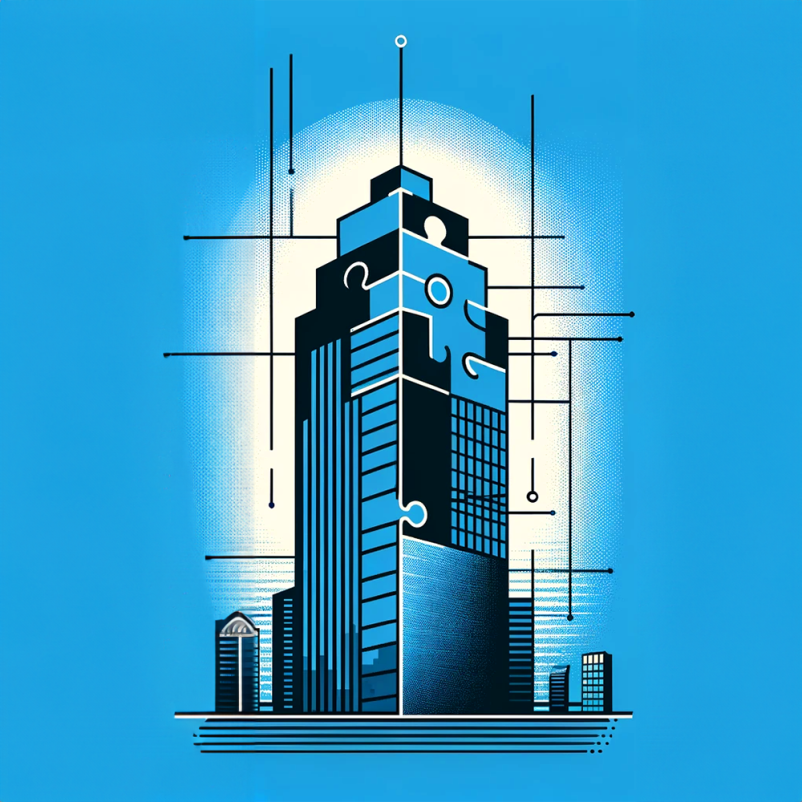 Cartoon image of building with puzzle pieces