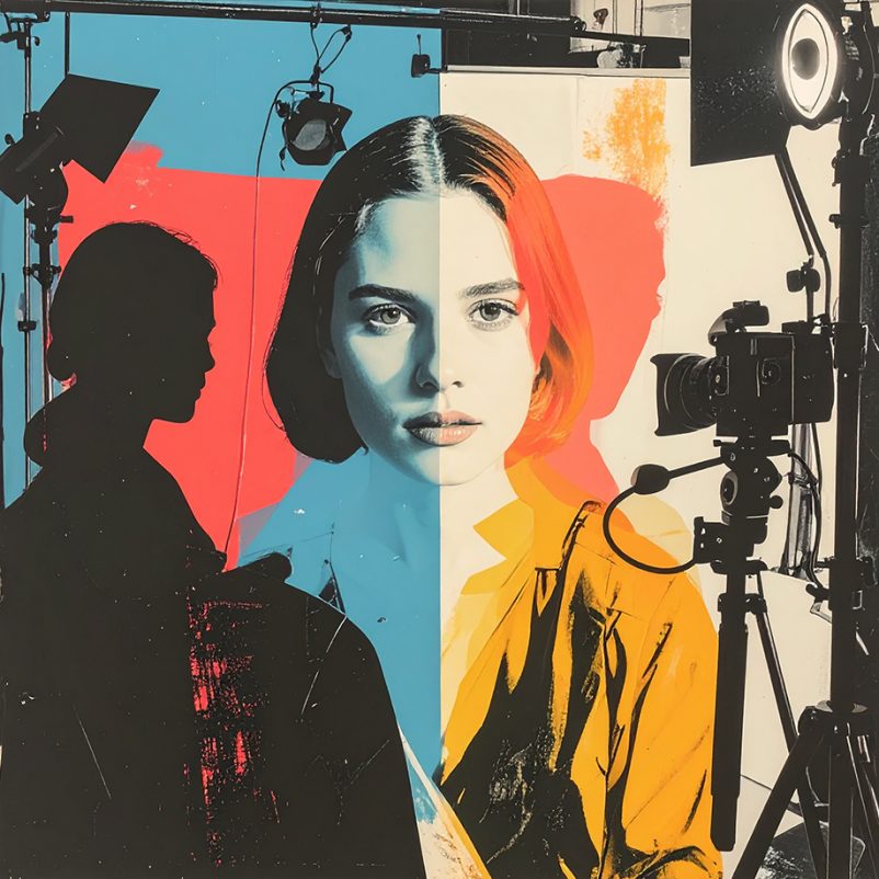 professional photography illustration of a woman and cameras