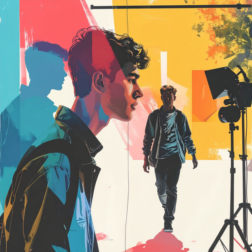 professional photography illustration of a man and cameras