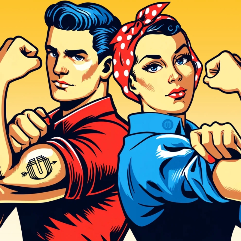 graphic design illustration of man and woman flexing muscles