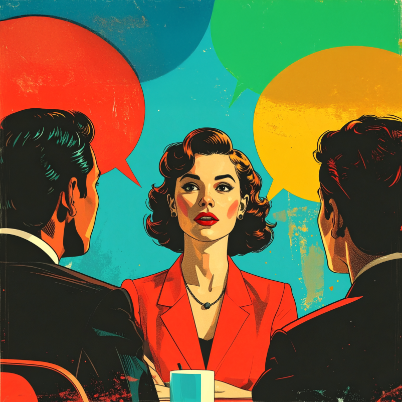 verbal identity refresh artistic depiction of woman talking with businessmen