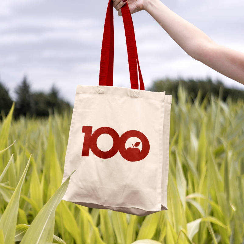 anniversary logo apple picking bag