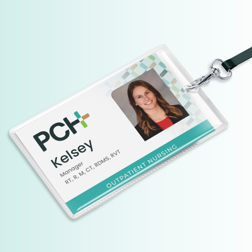 Employee hospital badge attached to a lanyard