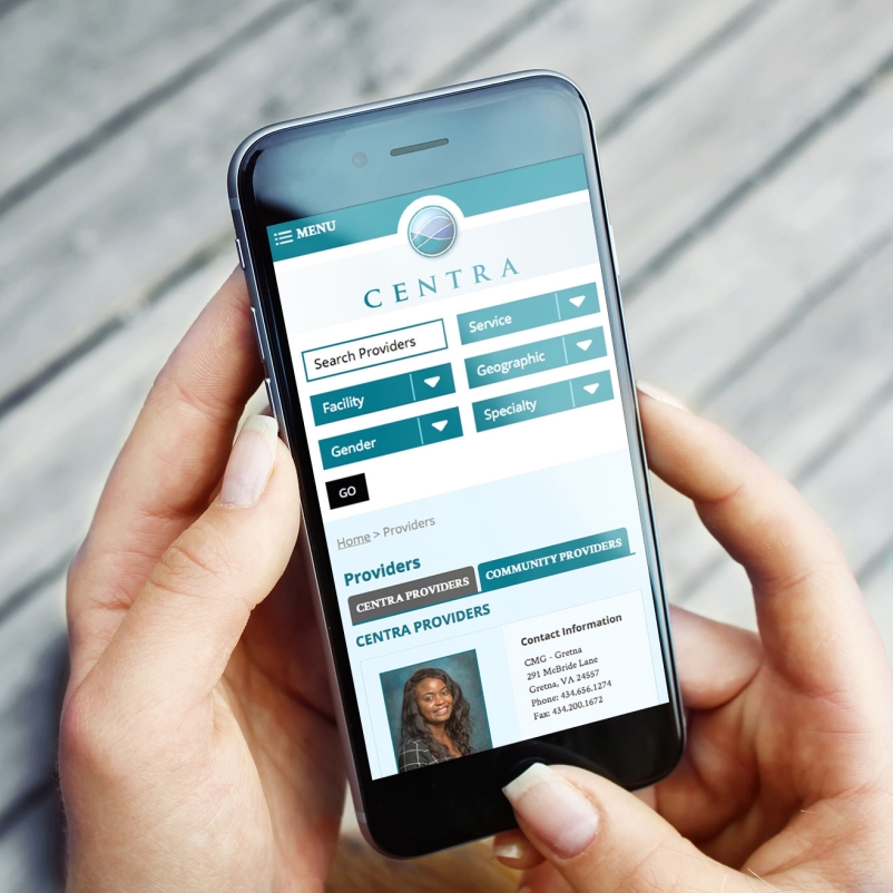 centra healthcare website design on mobile phone