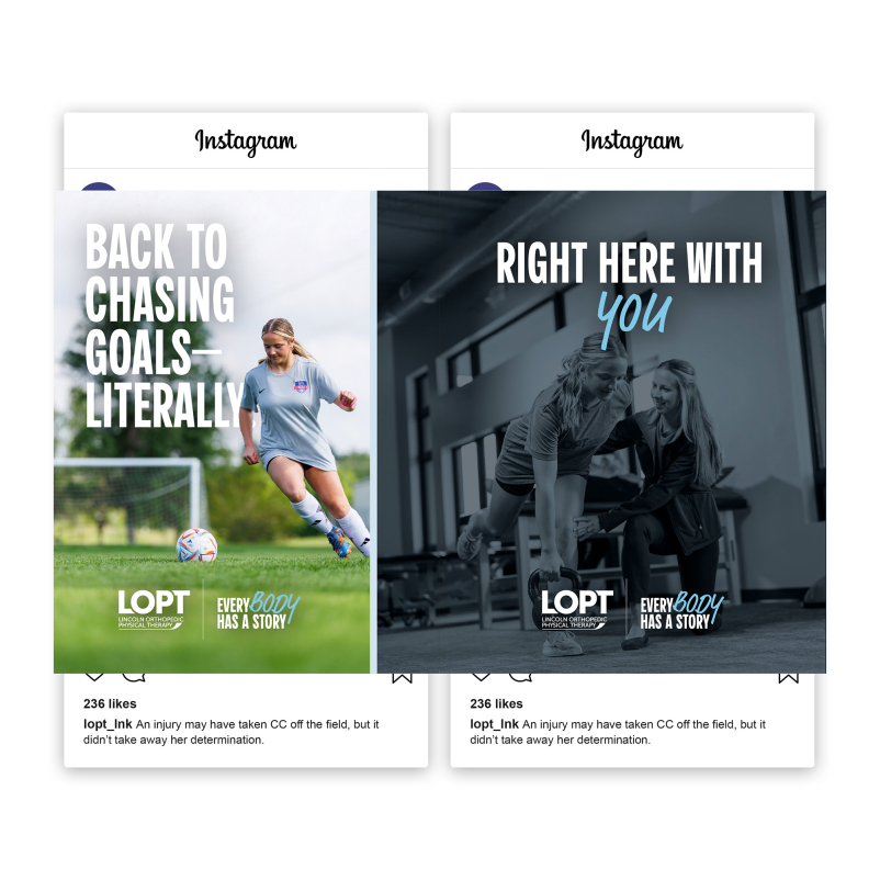 Carousel Instagram social media post featuring a sports therapy patient returning to soccer