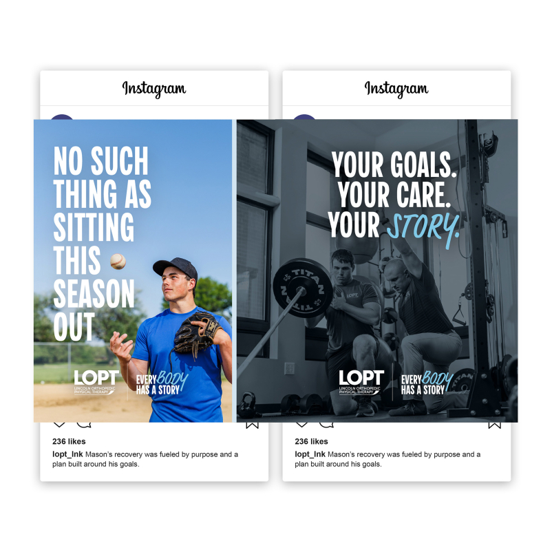 Carousel Instagram social media post featuring a sports performance patient returning to baseball