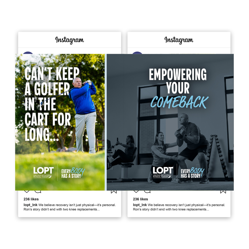 Carousel Instagram social media post featuring an orthopedic patient returning to golf
