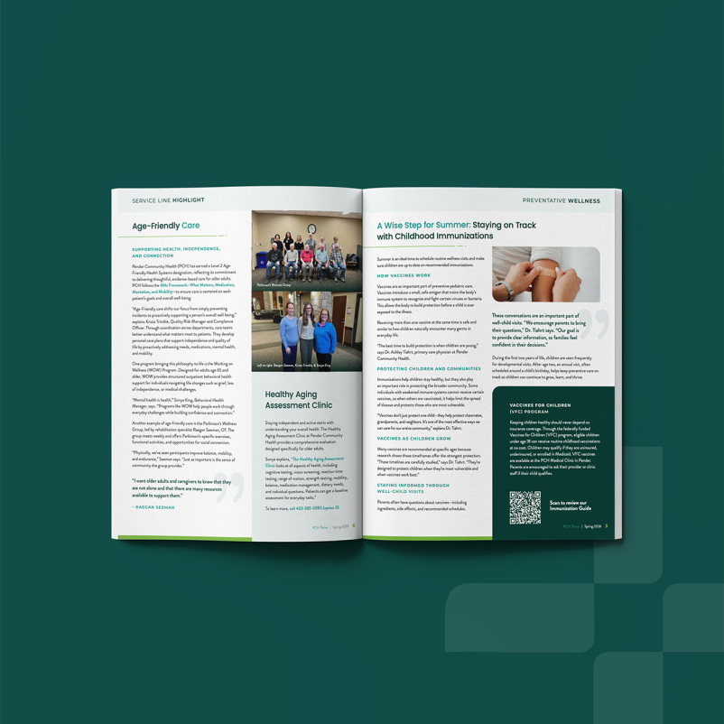 Open spread of PCH's Thrive newsletter publication