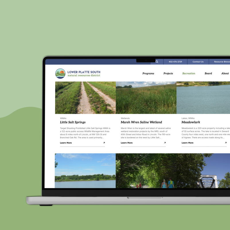 Laptop view of the "Recreations" page on Lower Platte South NRD's website