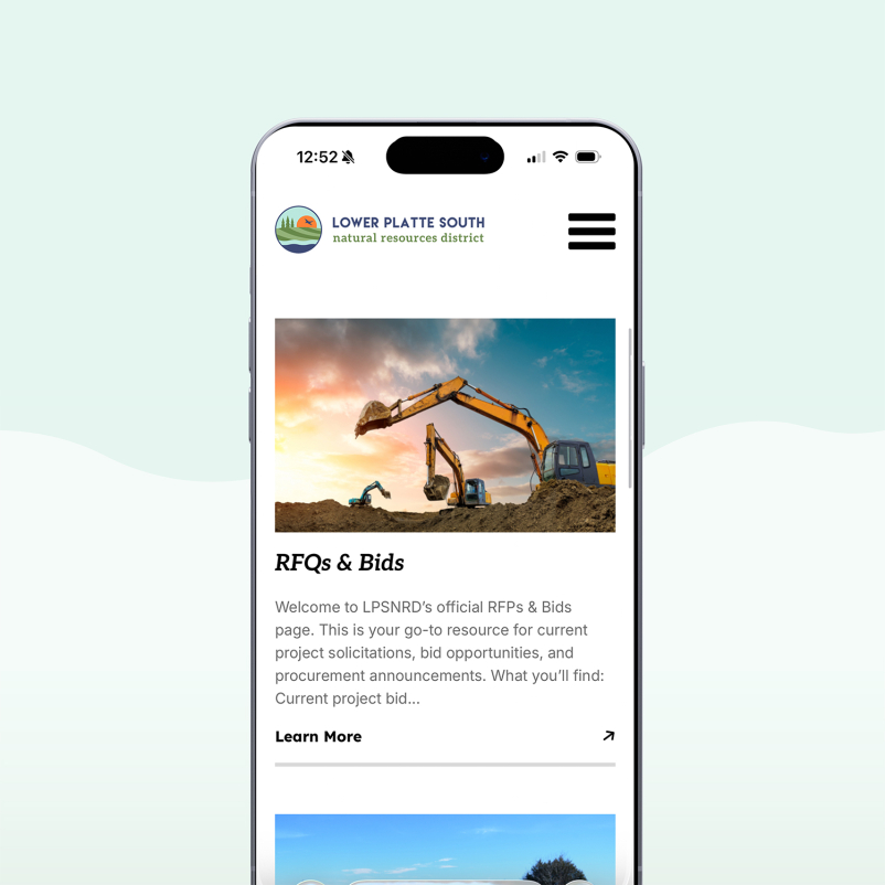 Mobile view of the "Projects" page on Lower Platte South NRD's website