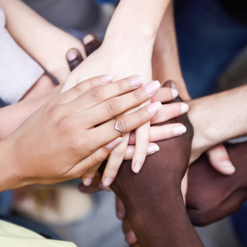 racially divers hands in unity