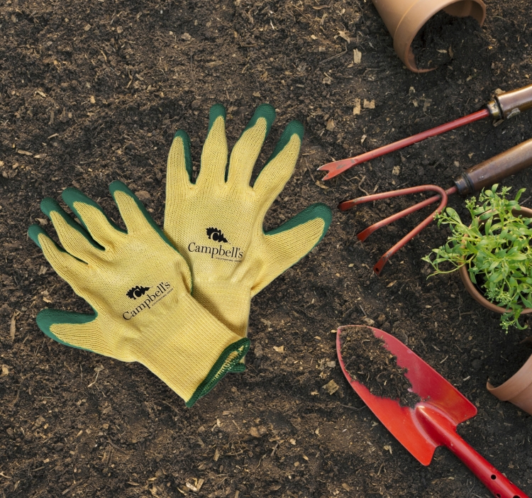 branded garden gloves and tools