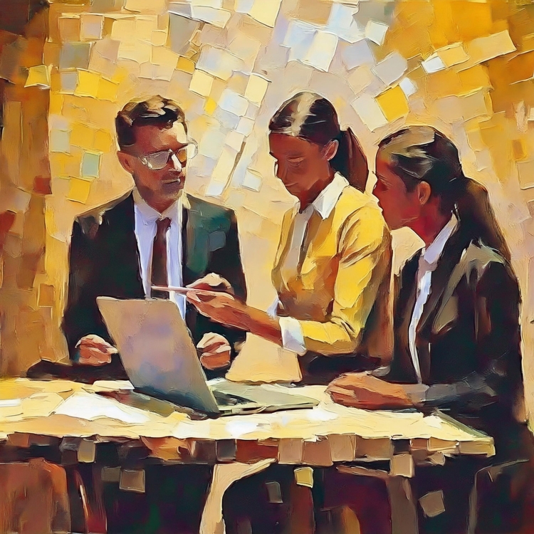illustration of two women and a man looking at web content