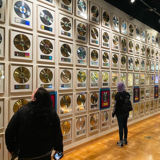 photo of purple hair woman staring at wall of golden records