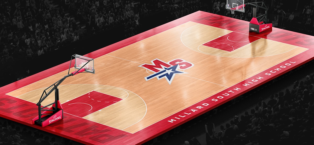 millard south high school logo on basketball court